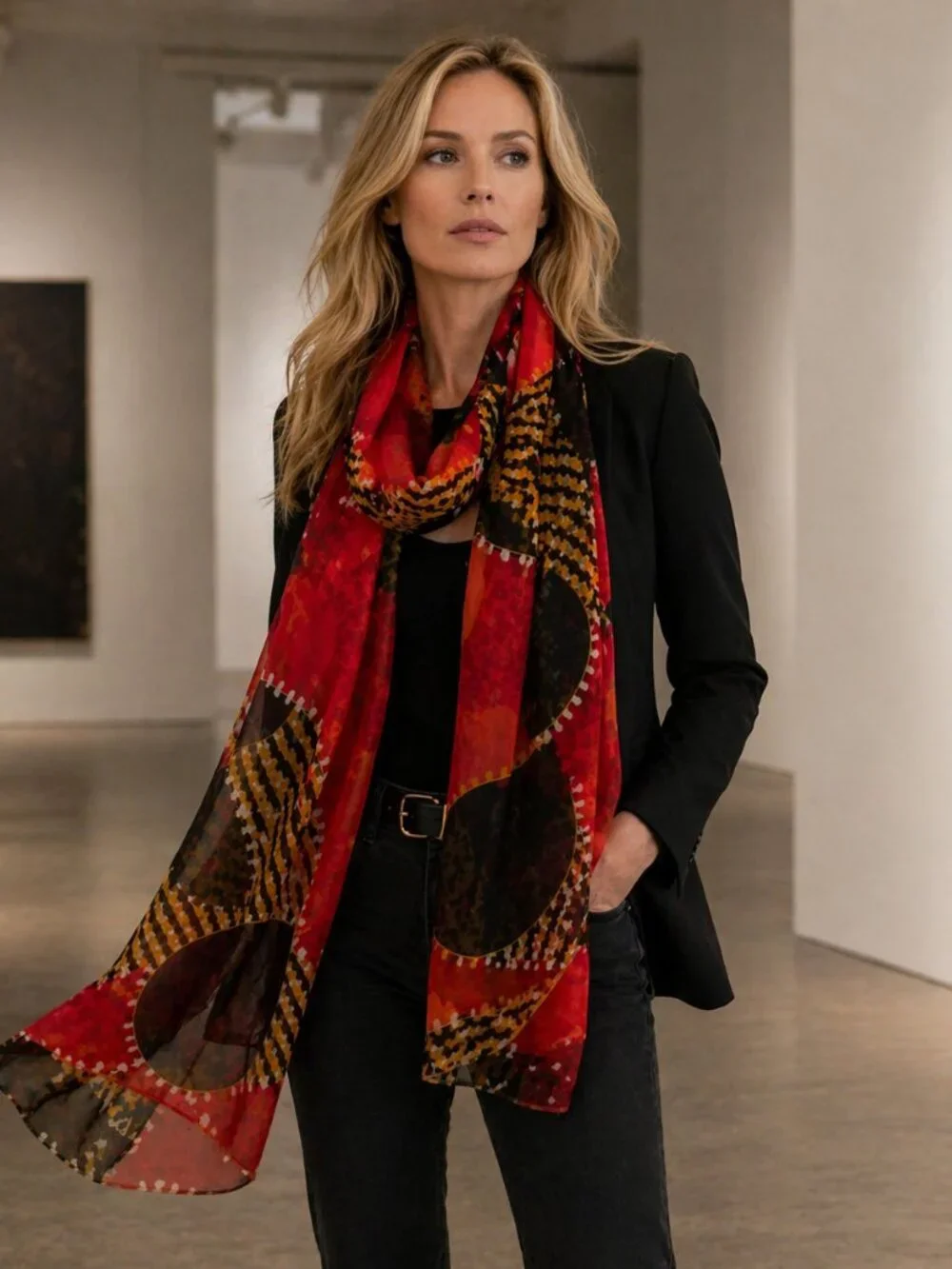 Vintage Fisher & Gentile Sheer Scarf – Red Black Gold Abstract Print | Statement